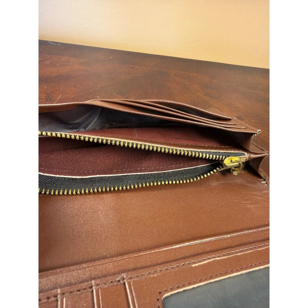 Brown Leather Nautical Bifold‎ Long Wallet Anchor Ship Wheel Charms Hand Strap